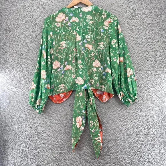 Anthropologie Mare Mare Top Womens L Green Floral Long Balloon Sleeves Tie Front - Picture 4 of 12